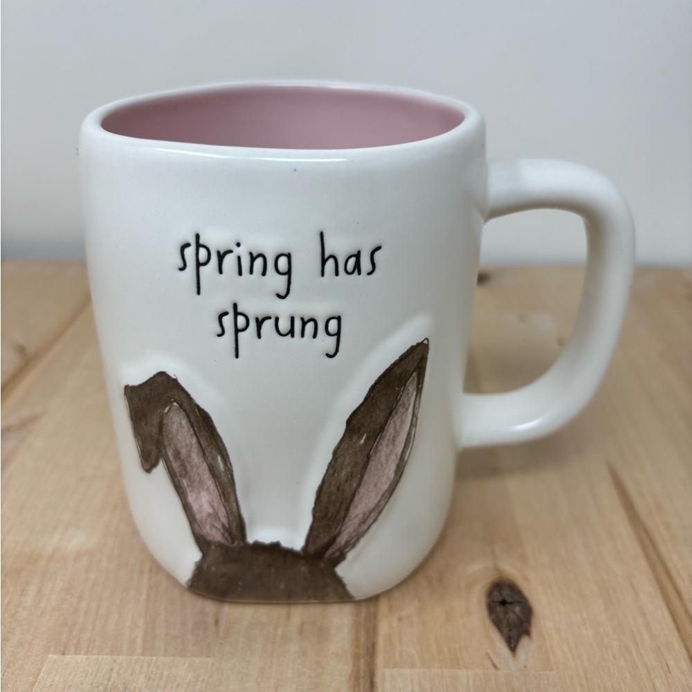 Rae Dunn SPRING HAS SPRUNG Mug Ceramic White with Pink Interior and Bunny Ears